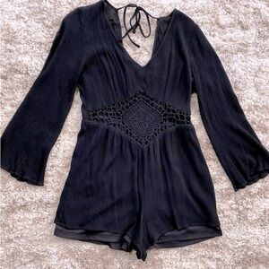 Boho Black Crochet Cutout Romper Long Sleeves